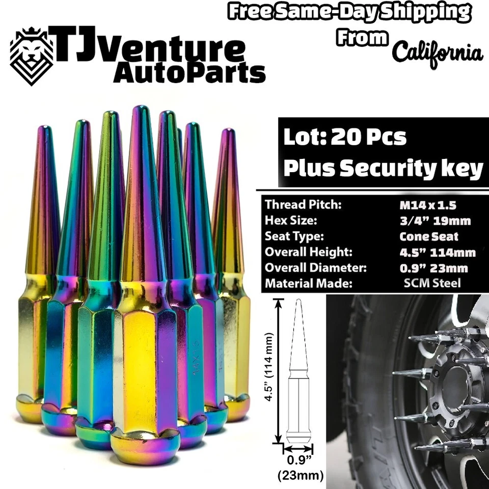 Tuerca de clavo 20 piezas de neón de 4,5" de alto M14x1,5 + llave apta para GMC Terrain Yukon Pontiac G8 Foto 2 de 3
