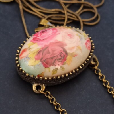 Michal Negrin Necklace Romantic Roses Cabochon Victorian Revival Long Bohemian
