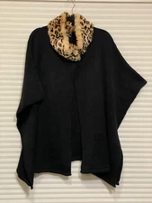 Cejon OS Fits to 2X Black Sweater Cardi Poncho Cape Faux Fur Animal Print Collar