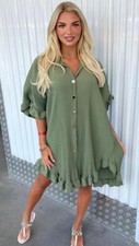 Womens Ladies Gold Button Pleated Frill Summer Shirt Swing Smock Mini Dress Top