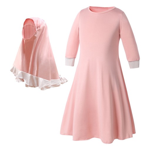 Muslim Children Kids Girls Long Dress Hijab 2 Piece Set Abaya Muslim Kaftan Robe - Picture 31 of 38