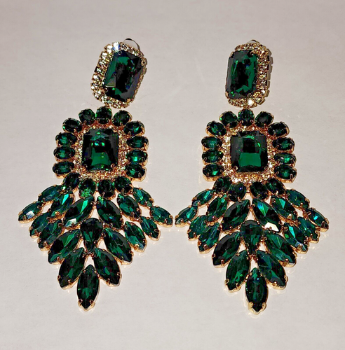 Clip On Earrings Emerald Green Rhinestone Crystal Oversized Dangle Chandelier... - Picture 6 of 18