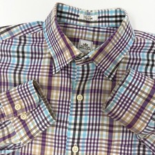 Peter Millar Mens Large Plaid Button Down Shirt Purple Blue Cotton Long Sleeve
