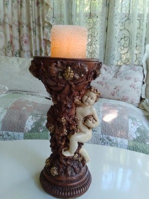 Cherub Putti Plaster Candle Holder Renaissance Hand Painted