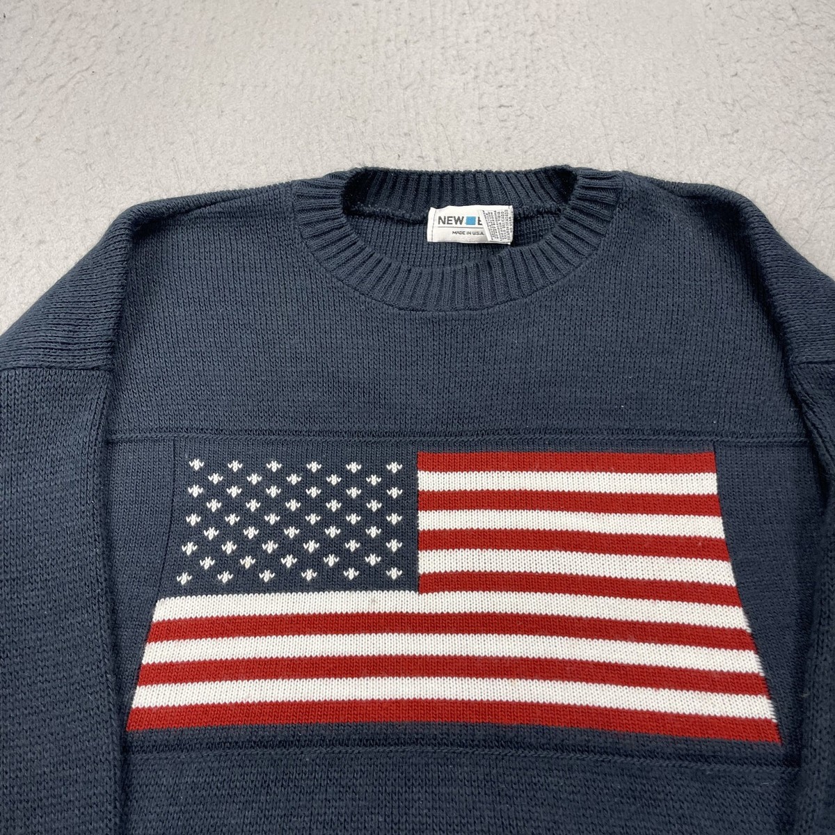 VINTAGE American Flag Sweater Mens Large Blue New Era Crewneck