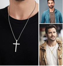Men Women Plain Cross Necklace Stainless Steel Simple Pendant Box Chain 24"