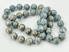 Vintage Gold Blue Painted Plastic Bead Necklace 24 Inch