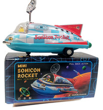 MINI SONICON ROCKET TIN LITHO REPRO PULL BACK ACTION TOY - 1997 JAPAN - MASUDAYA