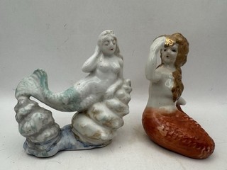 2 Vintage Mermaid Figurines One With Mirror One With Seashell Occupied Japan