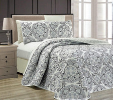 Mk Collection 3Pc Queen Oversize Reversible Quilted Bedspread Set Floral Gray Wh