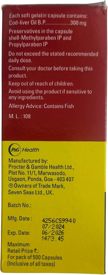 Suplemento de aceite de hígado de bacalao Seven Seas 500 unidades omega 3 vitaminas A D Foto 4 de 4