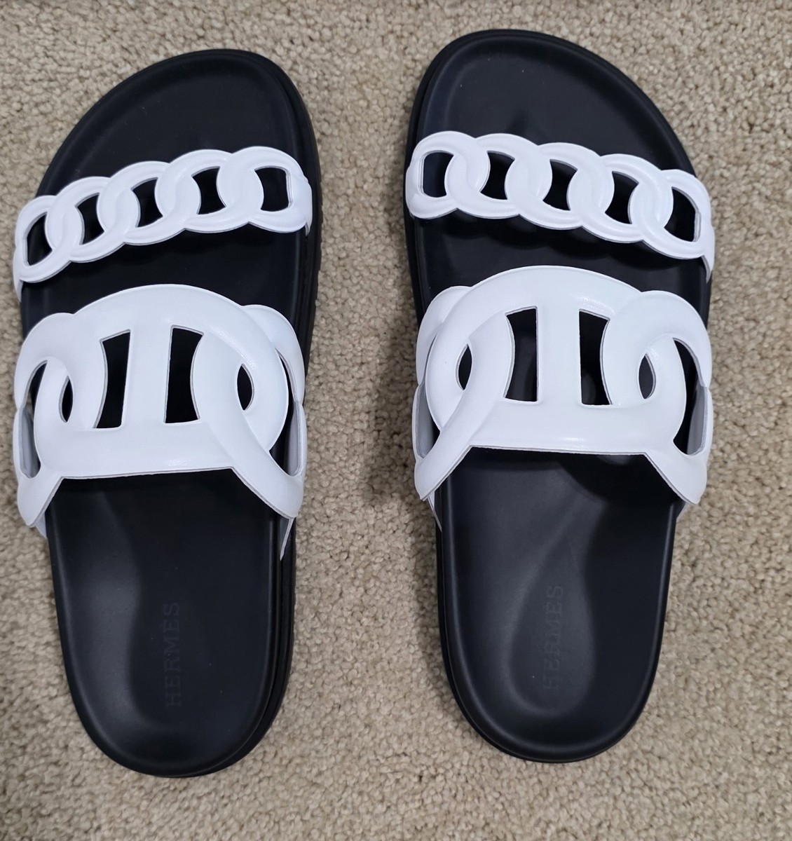Hermes White Slide Sandals with Black Graphic Logo - men Hermes Extra Sandals White Black Chaine d main image 2