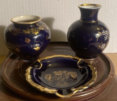 VTG Lindner Echt Cobalt Cueps Bavaria Miniature Porcelain 2 vases & 1 ashtray