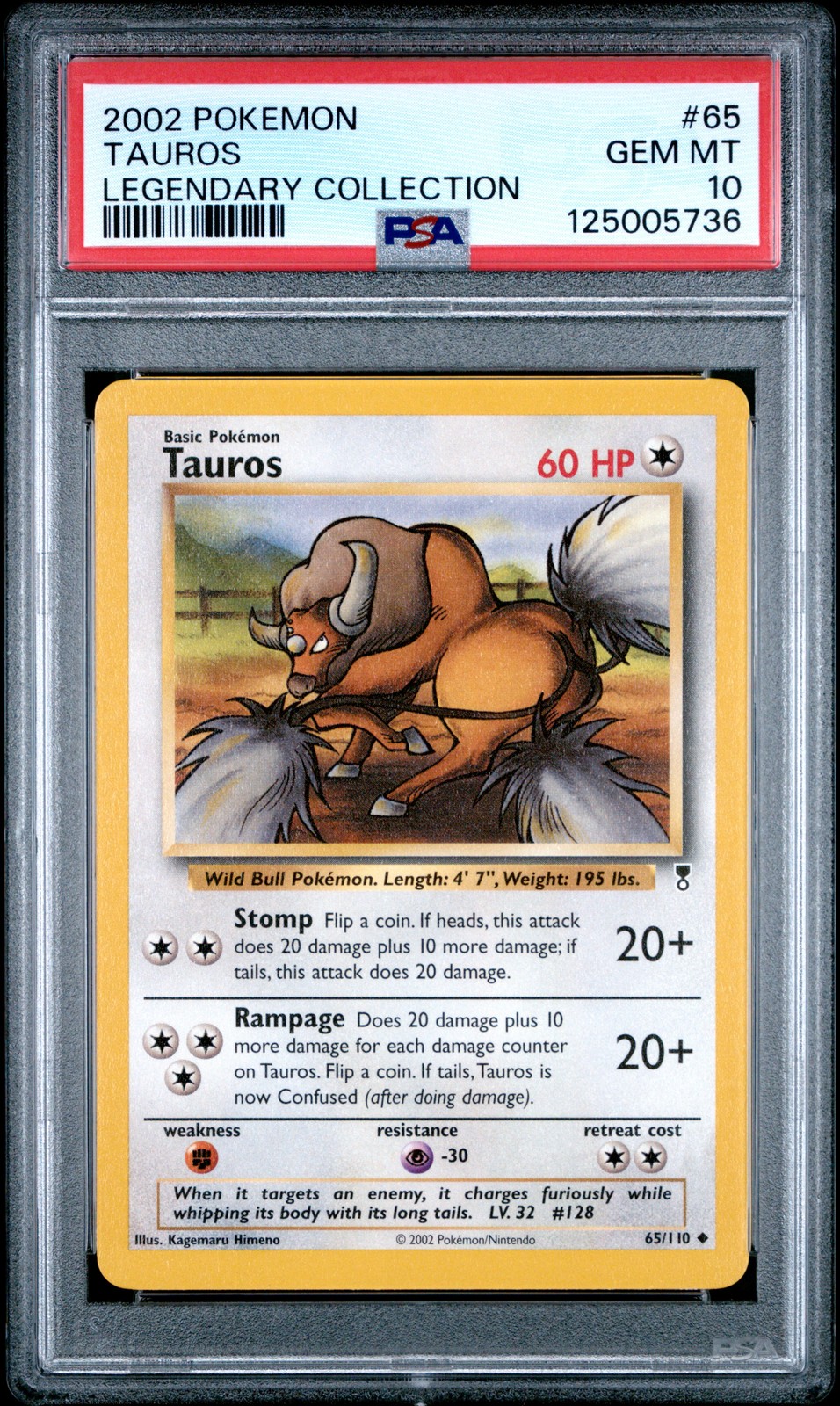 2002 POKEMON LEGENDARY COLLECTION #65 TAUROS PSA 10