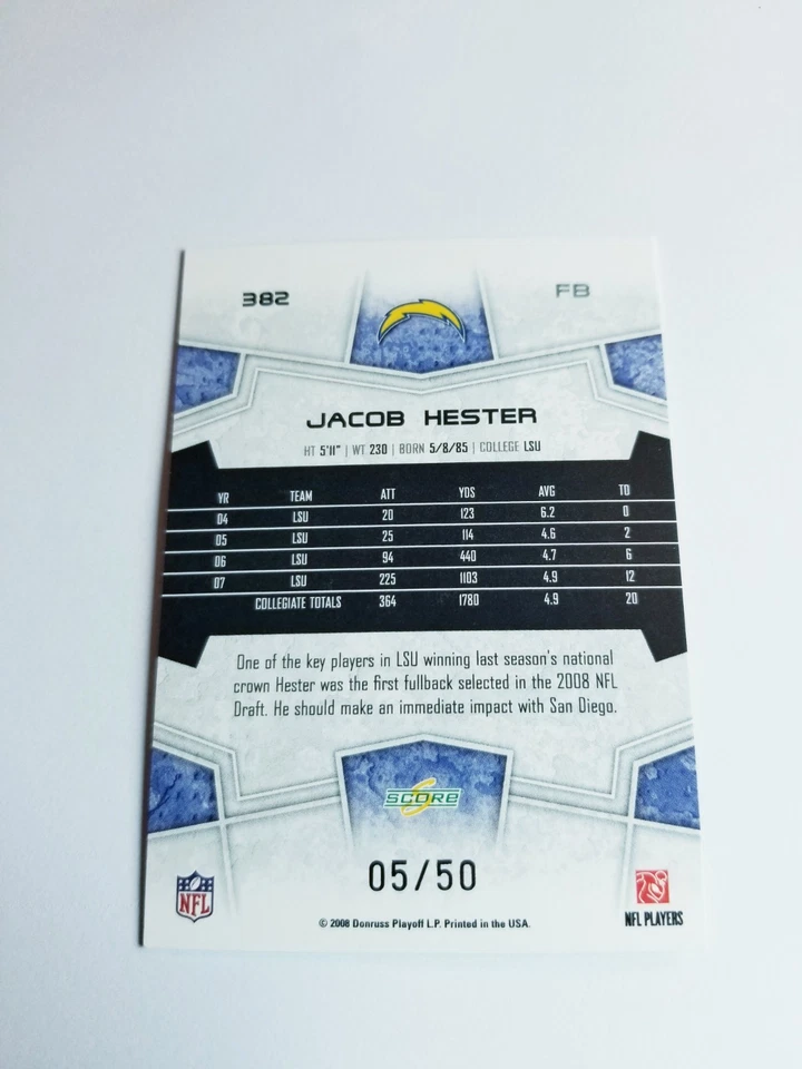 JACOB HESTER 2008 SCORE SELECT GOLD ZONE #5/50 RC CHARGERS LSU #382 - Image 2 of 3