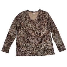 Lands End Womens Leopard Print Supima Cotton V-Neck Long Sleeve Top Brown L