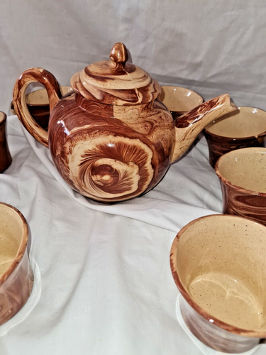 Rare Vintage EMIL CAHOY COLOME S.D. Art Pottery Coffee Tea Pot W/8 Mugs - Picture 3 of 7