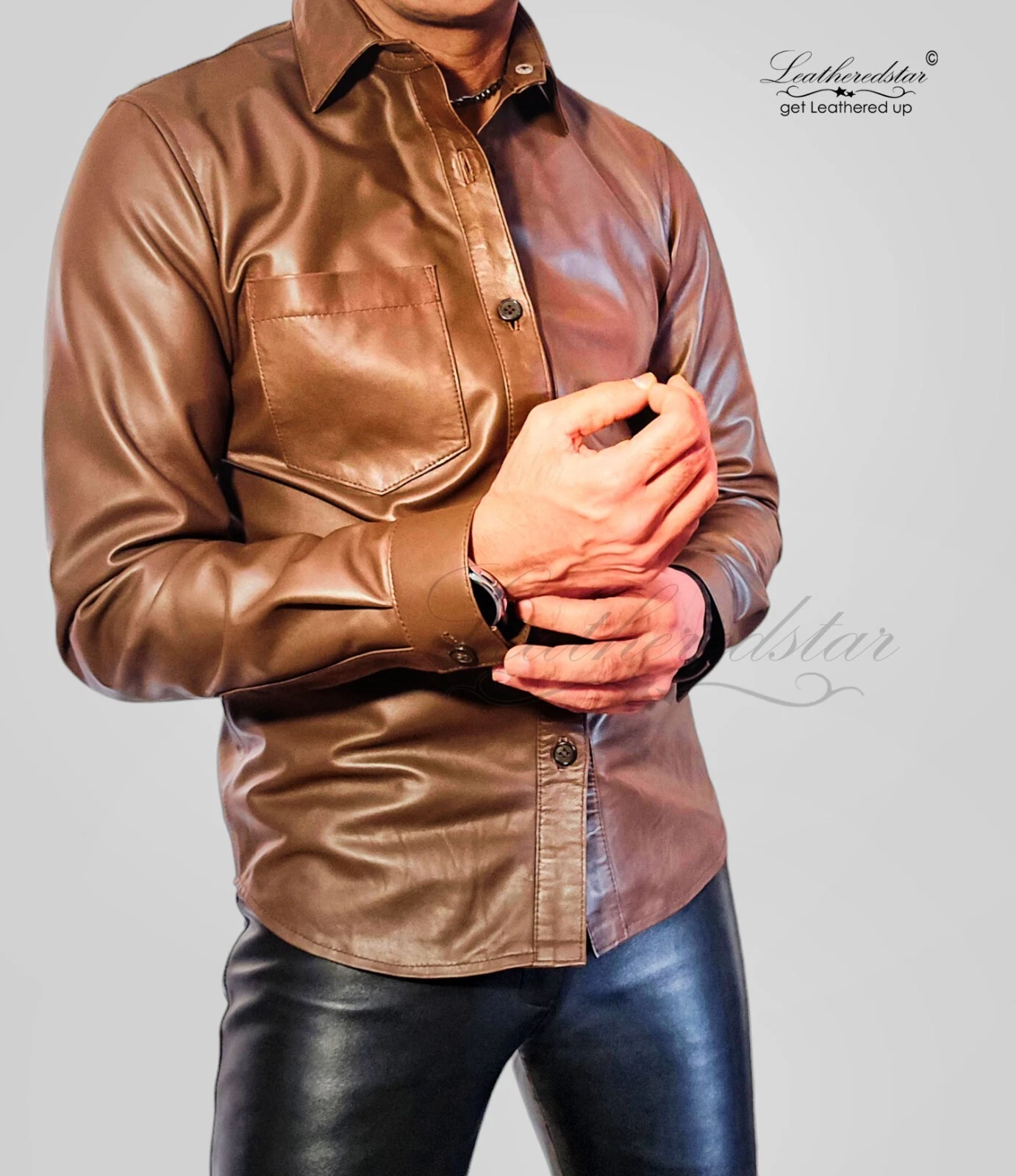 Chocolate Brown leather shirt made in soft & Smooth Sheepskin leather