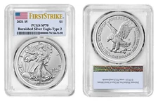 2021 W BURNISHED SILVER EAGLE PCGS SP70 FLAG FIRST STRIKE FLAG LABEL TYPE 2
