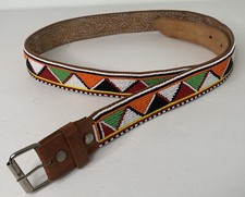 Vintage Native American Hand Beaded Multicolored Cowhide Leather Belt Large