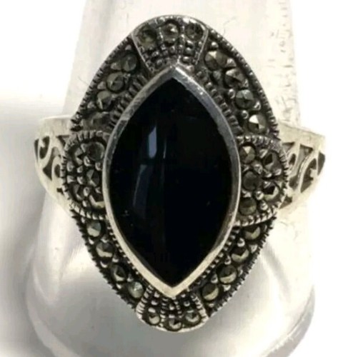LARGE ESTATE Marquise Sterling Silver BLACK ONYX  MARCASITE RING SZ 6 Chapel Zen