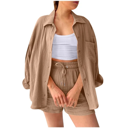 Sommer Damen Musselin Bluse Shirt und Shorts Kleidung Set Strand Outfit Zweiteiler - Bild 8 von 45
