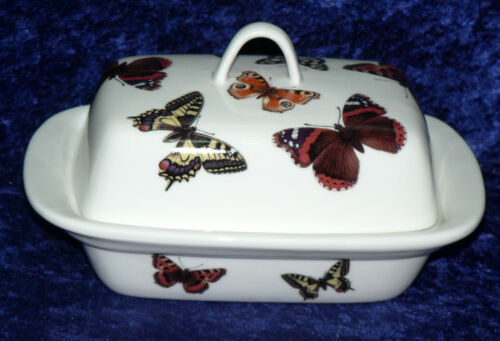 Butterfly deep butter dish. White porcleian deep dish -  colourful butterflies  - Picture 1 of 1