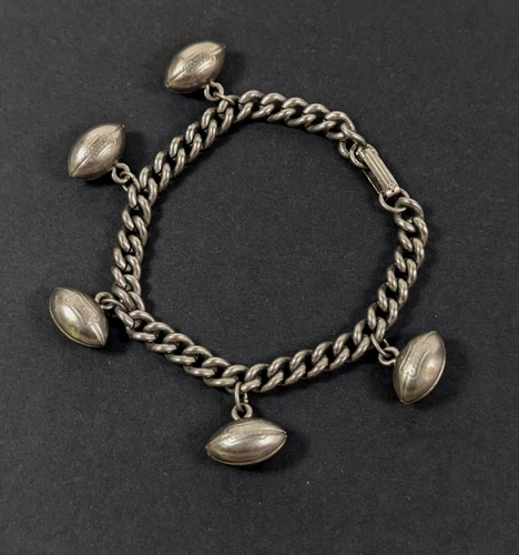 Vintage Football Charm Bracelet Silver Tone Costume Jewelry Sports Chain Links