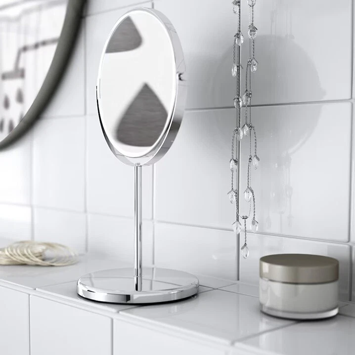 IKEA SHAVING MIRROR Stainless Steel Free Standing Round Magnifying 2 Sided - NEW