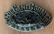 Vintage Alaska Big Game Country Brass Belt Buckle 1975 Ser.No 9876A