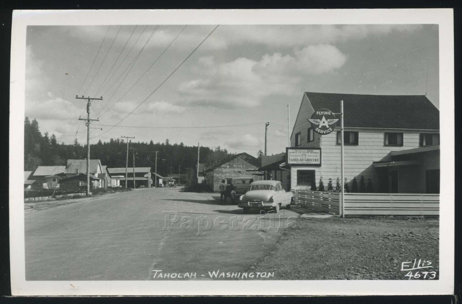 WA Taholah RPPC 50's STREET SCENE Flying A Gas Sign GROCERY STORE by