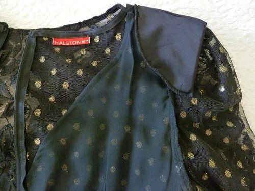 Couture Vintage Halston schwarz Spitze + Satin met Gold Stickerei Cocktailkleid S XS EUC - Bild 7 von 12