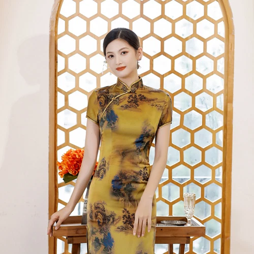 Mujeres Chino Tradicional Floral Satén Qipao Vestido Manga Corta Ajustado Cheongsam - Imagen 11 de 28