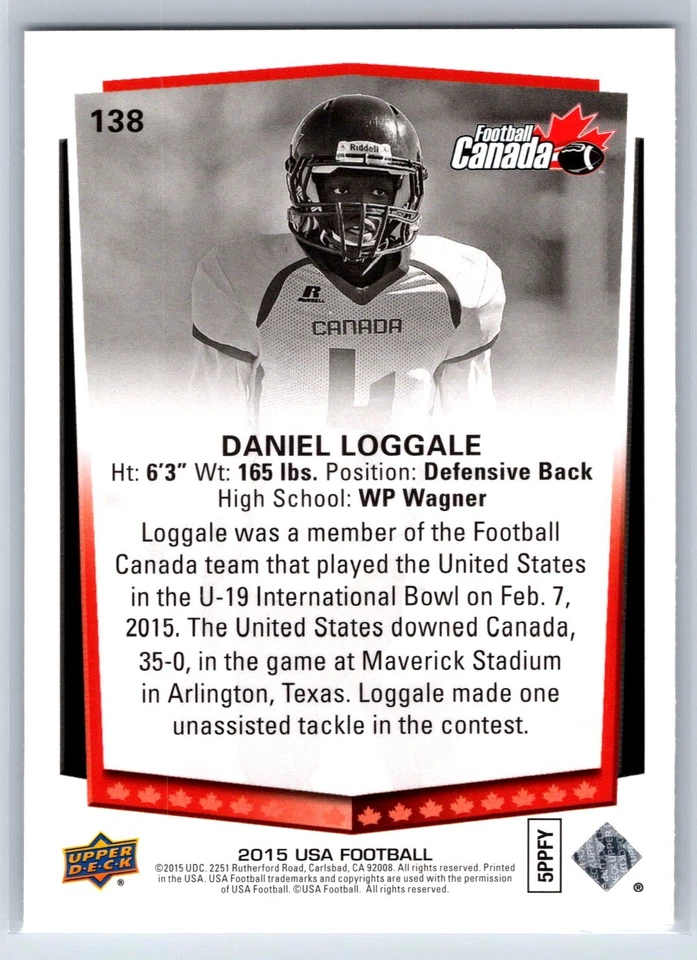 2015 Upper Deck USA Football Daniel Loggale Rookie Canada RC #138 - Image 2 of 2