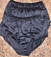 Vintage Granny Slippery Nylon Brief Panties Black Scalloped Band Tag Sz 11 / 4XL