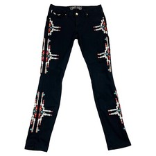 Vtg Y2K Robins Jeans Stretch Blk Denim Low Rise Chapa Embroidered Navaho Aztec