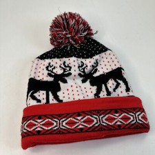 Reindeer Light Up Pom Beanie Cap Hat Fitted One Size Christmas