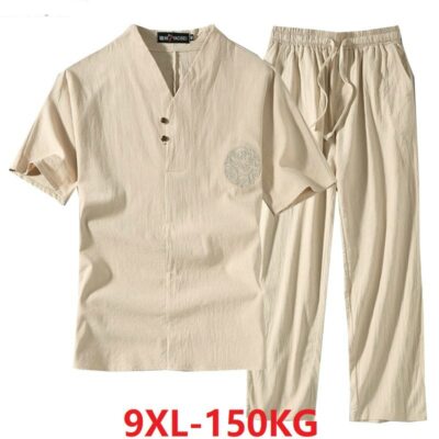 Men Clothing Large Size Tracksuit Summer Suit Linen T-shirt Set Chinese Style