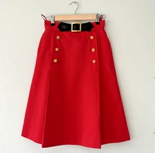 VTG  Valentino Boutique Red Cotton Skirt 8 Gold V Buttons Belted Italy Neiman