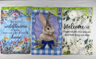 3 Embroidered Yard Flags Bunny, Floral 100% Recycled Fabric 11.5'' X 18''