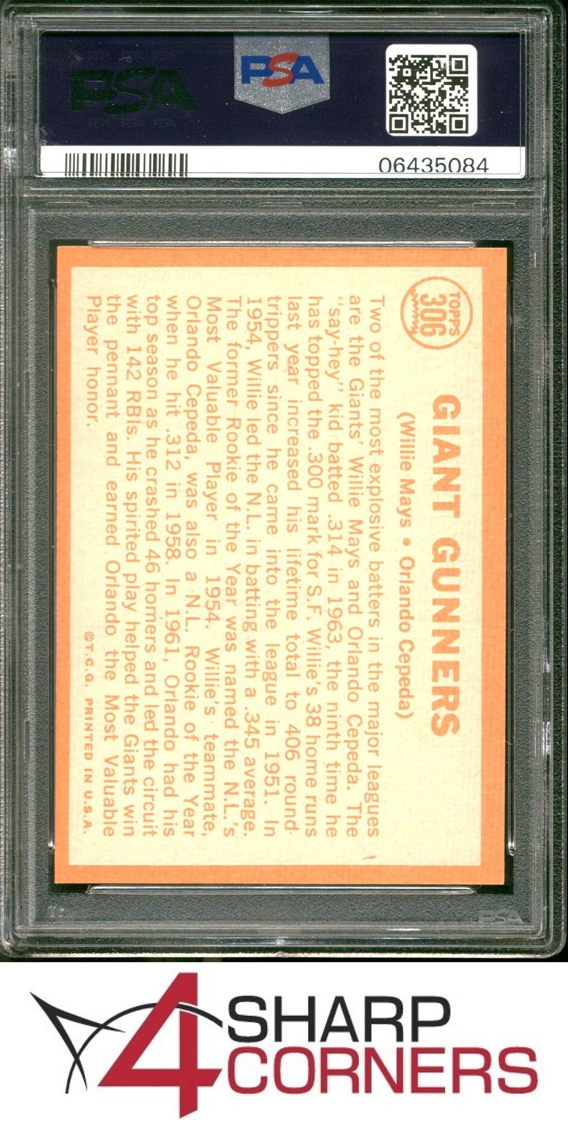 1964 TOPPS #306 WILLIE MAYS-ORLANDO CEPEDA GIANT GUNNERS PSA 9 view 2