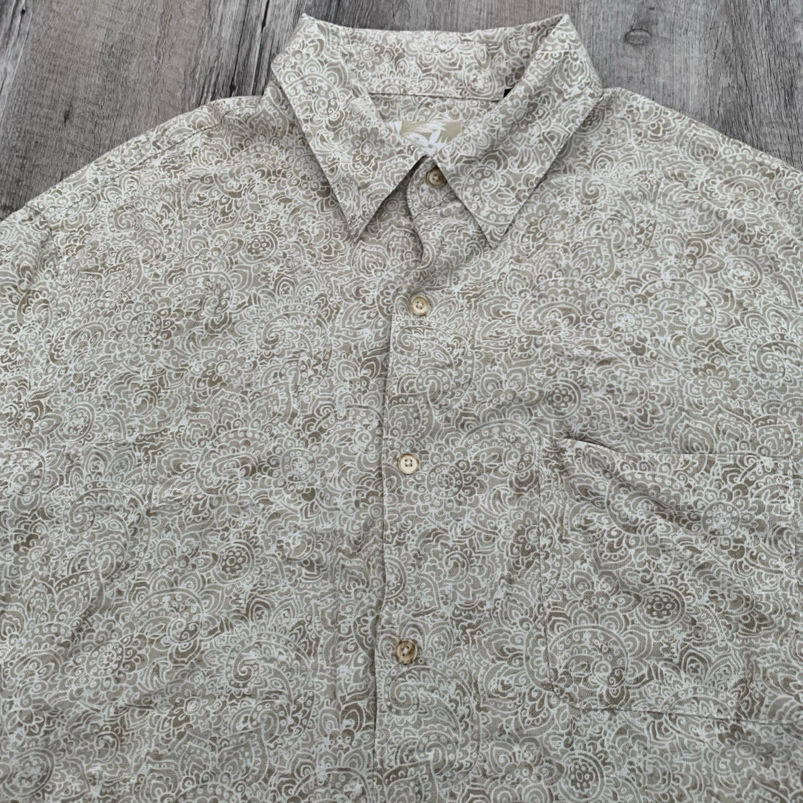 Tasso Elba Island Shirt Mens XL Silk Linen Blend Beige Batik Print Short Sleeve