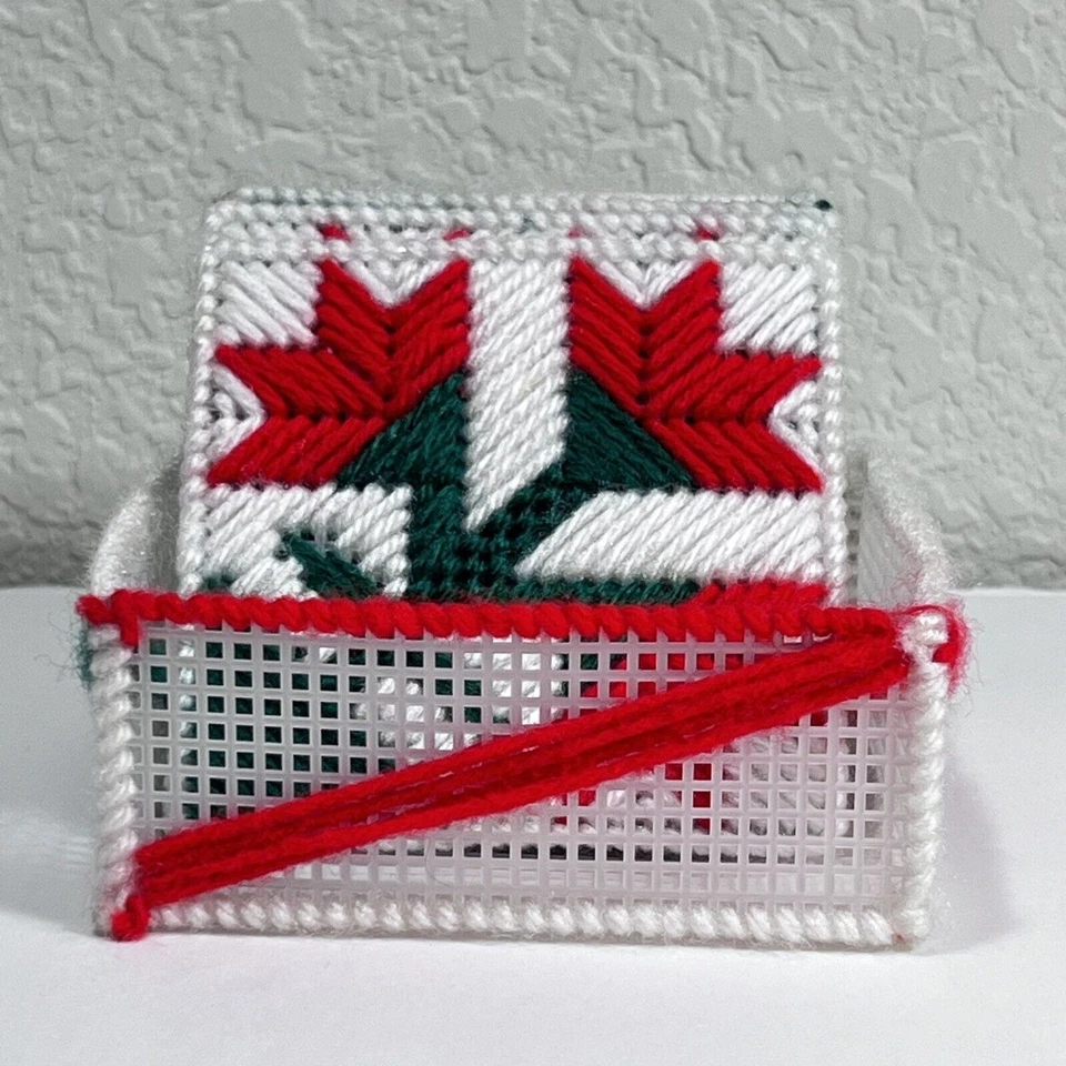 Vintage Set of 5 Handmade Plastic Canvas Needlepoint Christmas Coasters w/Basket - Image 2 of 4