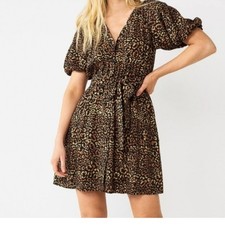 Womens Nine West Cheetah Print Puff Sleeve Dress Pockets Size 2XL