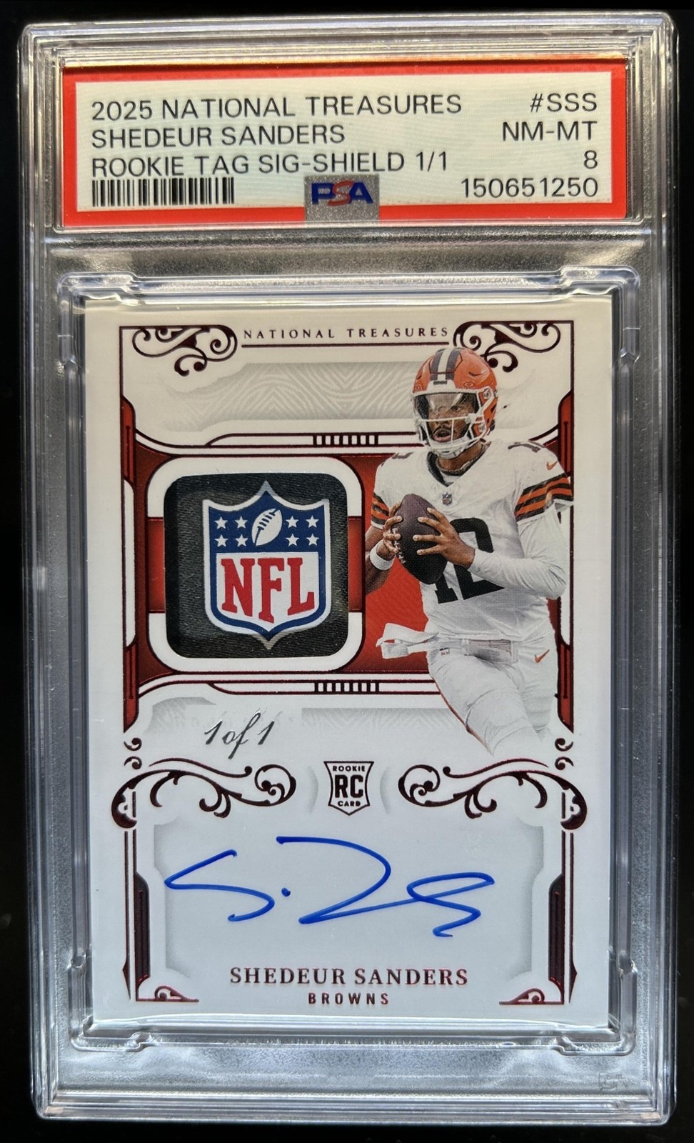 2025 National Treasures Shedeur Sanders Rookie Patch NFL Shield Auto #1/1 PSA 8