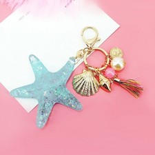 Seashell Charm Keychain in Pink with Beads and Acrylic Starfish Design