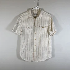 Rhythm Men’s L Linen Cotton Blend Vacation Stripe Button Up Shirt Beige