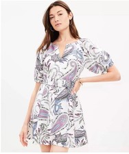 Loft Paisley Linen Blend Belted Puff Sleeve Dress A Line Size 2 Cottage