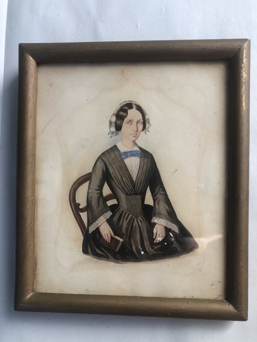 Antique 1853 Victorian Lady Watercolor Portrait Artist Signd Named Sitter