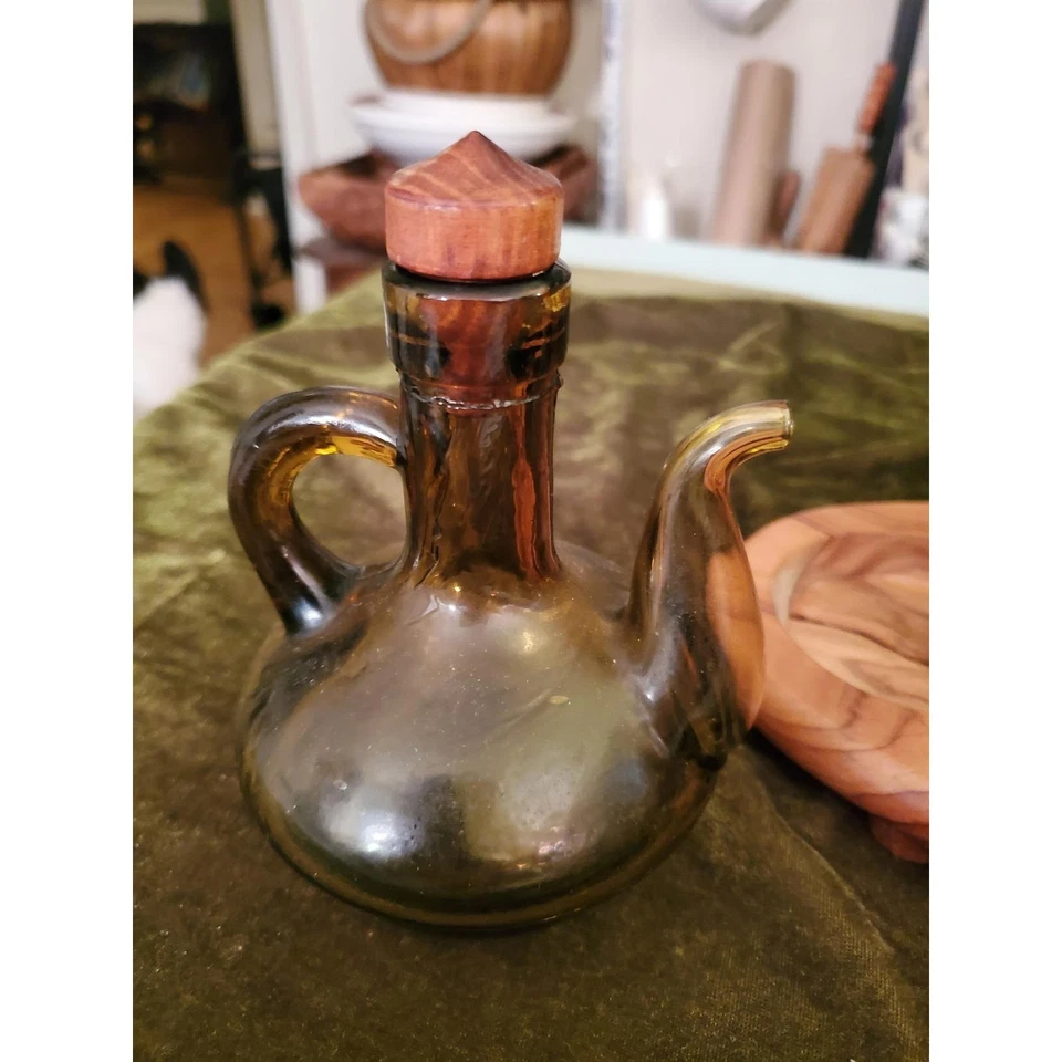 Juego de condimentos de pato de madera MCM vintage años 60 vidrio ámbar aceite vinagre sal pimienta Foto 2 de 4